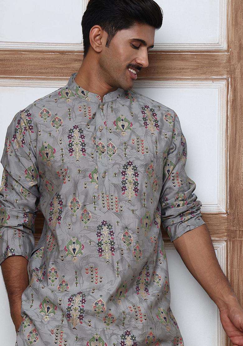 Grey Printed Silk Blend Kurta Pyjama Set For Men - Indya