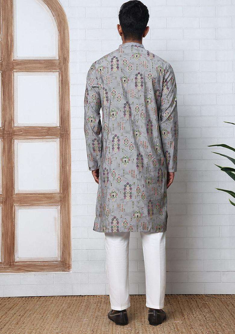 Grey Printed Silk Blend Kurta Pyjama Set For Men - Indya
