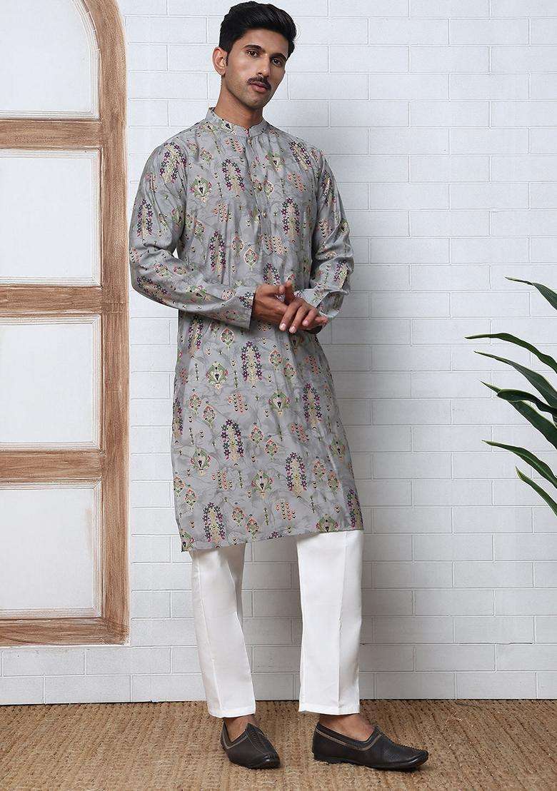 Grey Printed Silk Blend Kurta Pyjama Set For Men - Indya