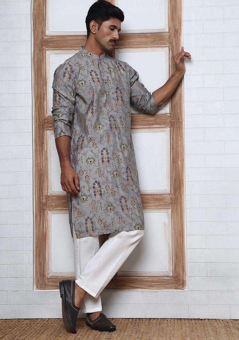 Grey Printed Silk Blend Kurta Pyjama Set For Men - Indya