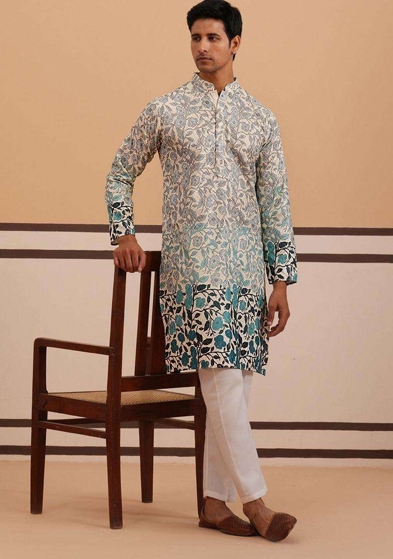Blue Printed Cotton Kurta Pyjama Set For Men - Indya