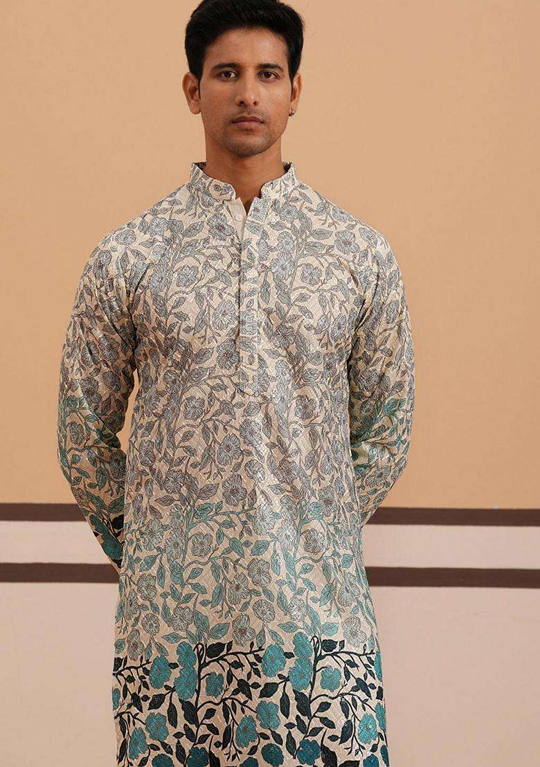 Blue Printed Cotton Kurta Pyjama Set For Men - Indya
