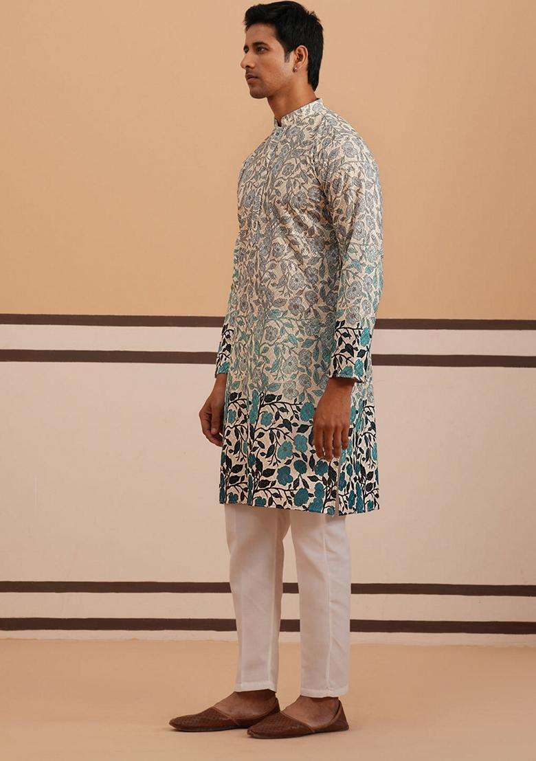 Blue Printed Cotton Kurta Pyjama Set For Men - Indya