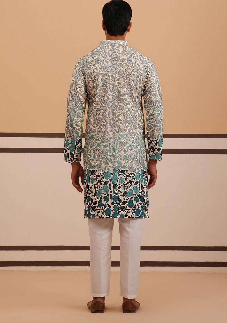 Blue Printed Cotton Kurta Pyjama Set For Men - Indya