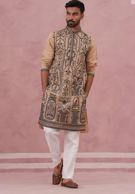 Beige Embroidery Silk Kurta Pyjama Set For Men