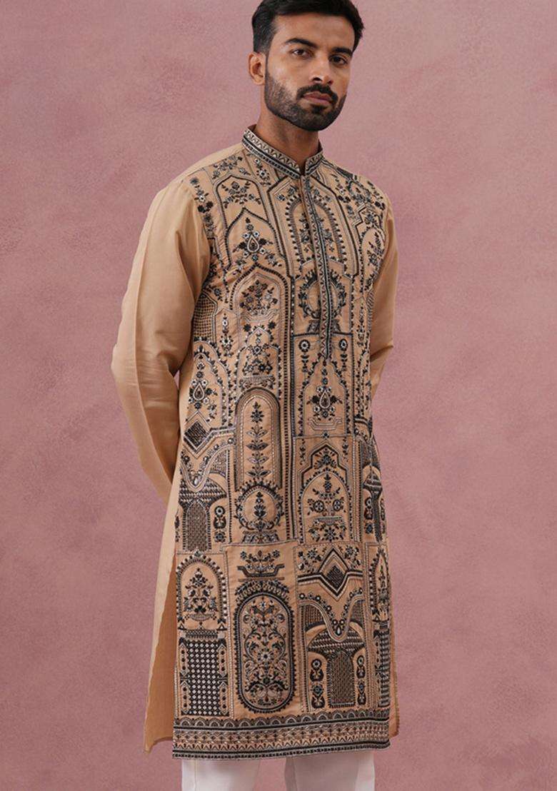 Beige Embroidery Silk Blend Kurta Pyjama Set For Men - Indya