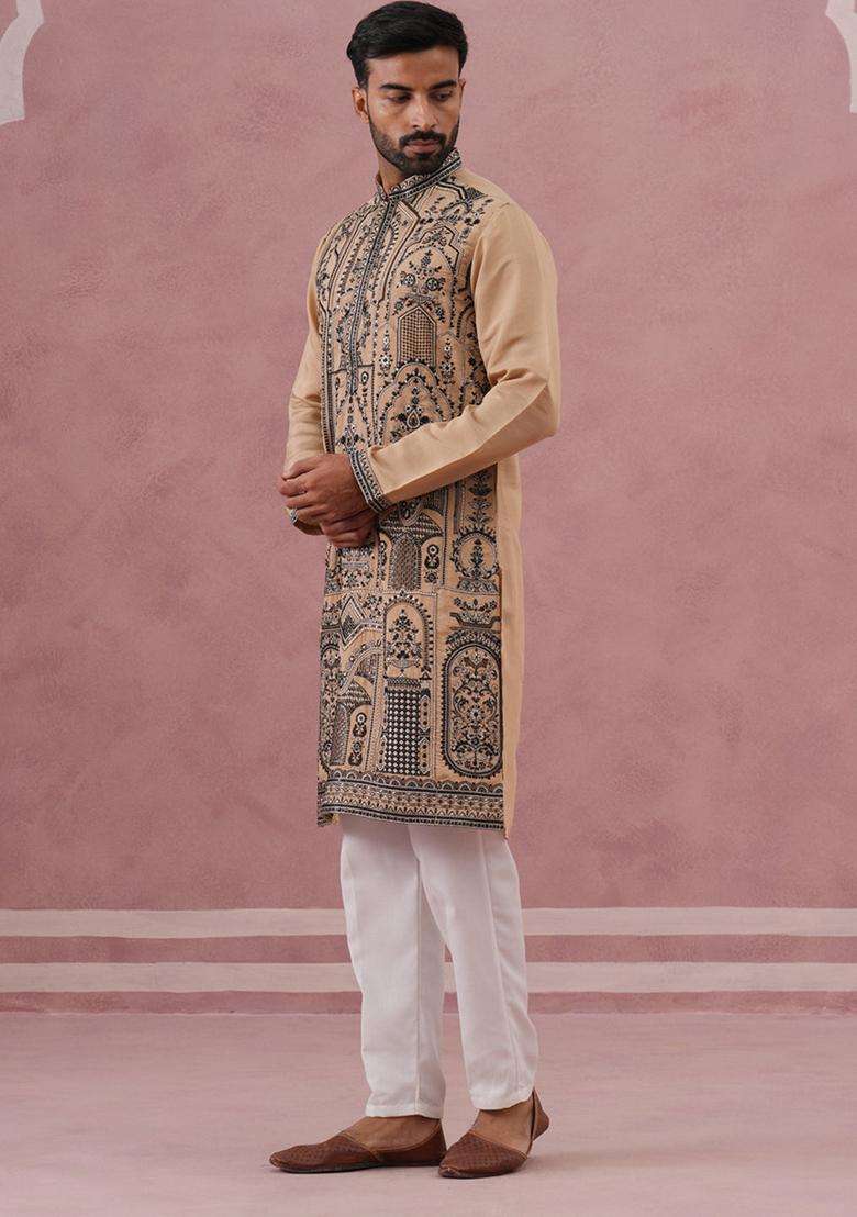 Beige Embroidery Silk Blend Kurta Pyjama Set For Men - Indya