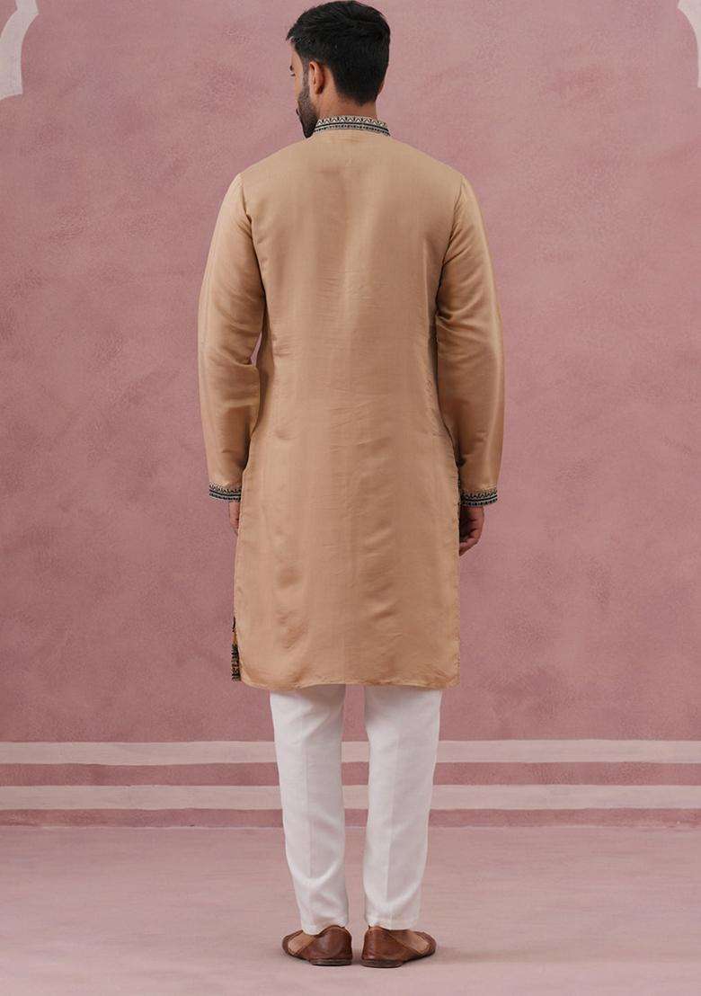 Beige Embroidery Silk Blend Kurta Pyjama Set For Men - Indya