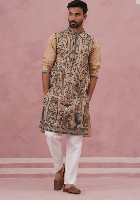Beige Embroidery Silk Blend Kurta Pyjama Set For Men