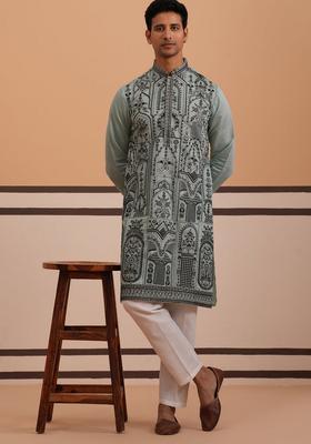 Blue Embroidery Silk Blend Kurta Pyjama Set For Men