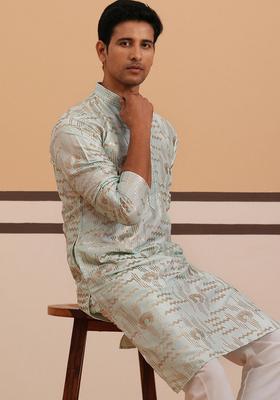 Blue Embroidery Silk Blend Kurta Pyjama Set For Men