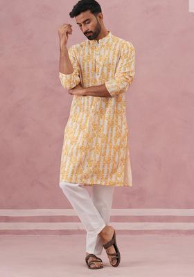 Yellow Printed Cotton Kurta Pyjama Set For Men