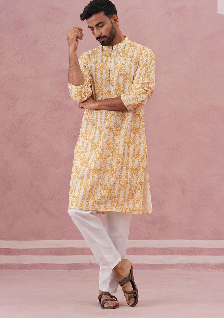Yellow Printed Cotton Kurta Pyjama Set For Men - Indya