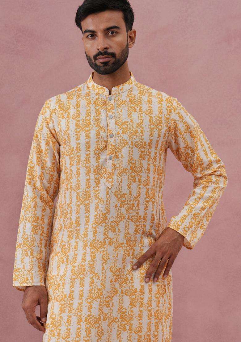 Yellow Printed Cotton Kurta Pyjama Set For Men - Indya