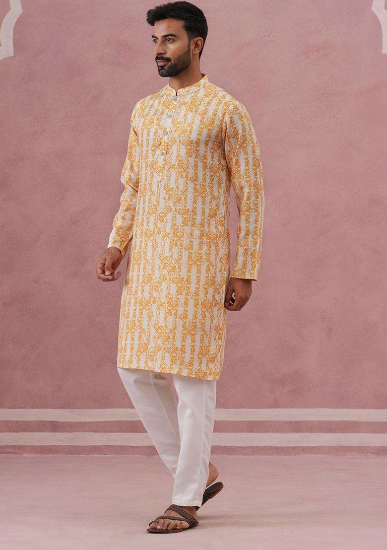 Yellow Printed Cotton Kurta Pyjama Set For Men - Indya