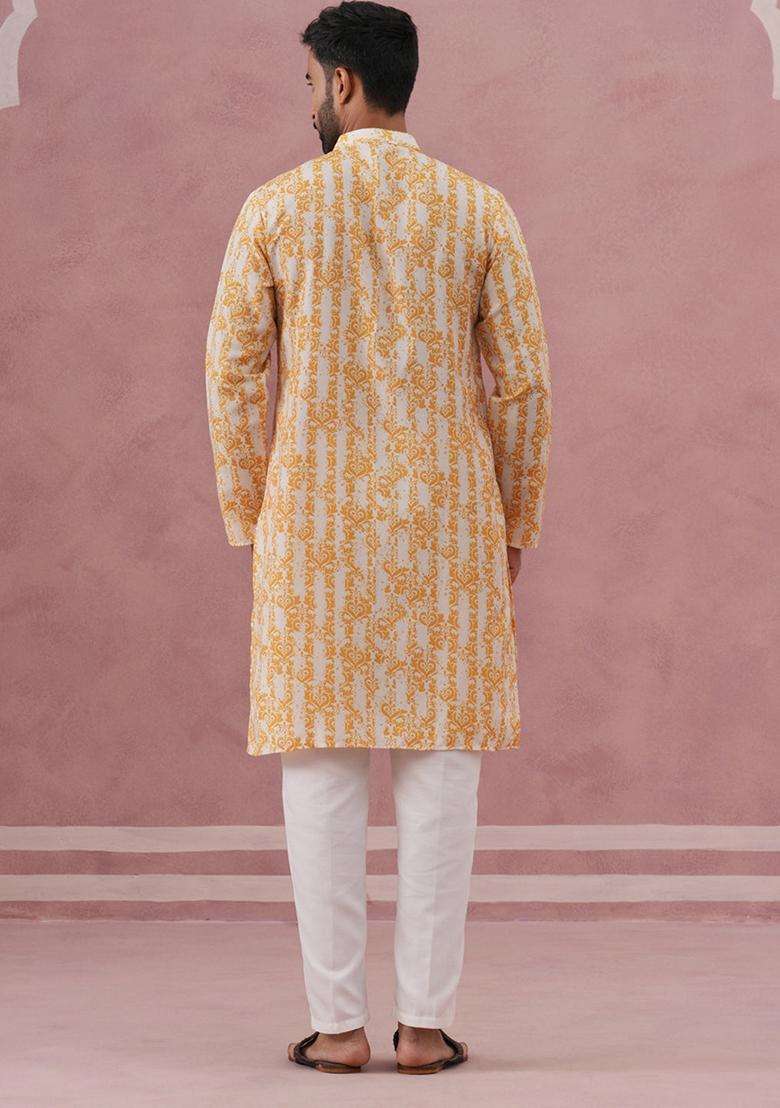 Yellow Printed Cotton Kurta Pyjama Set For Men - Indya