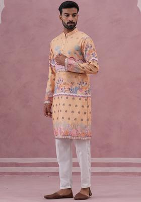 Yellow Printed Cotton Kurta Pyjama Set For Men