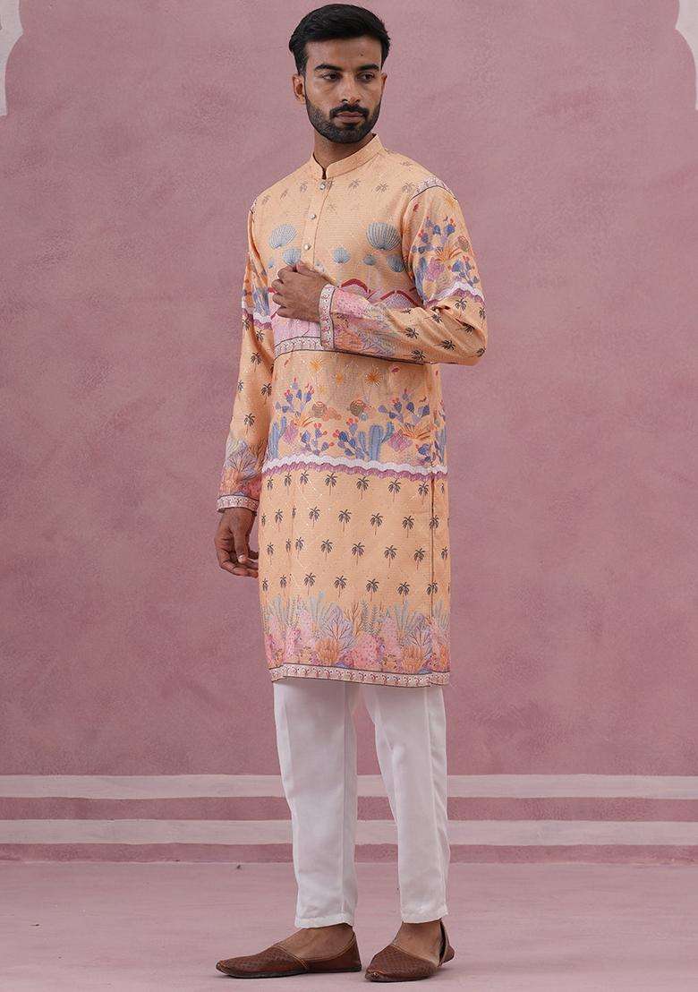 Yellow Printed Cotton Kurta Pyjama Set For Men - Indya