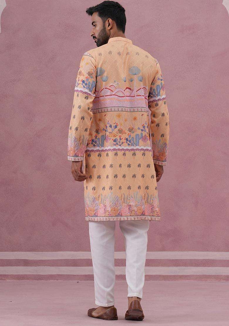 Yellow Printed Cotton Kurta Pyjama Set For Men - Indya