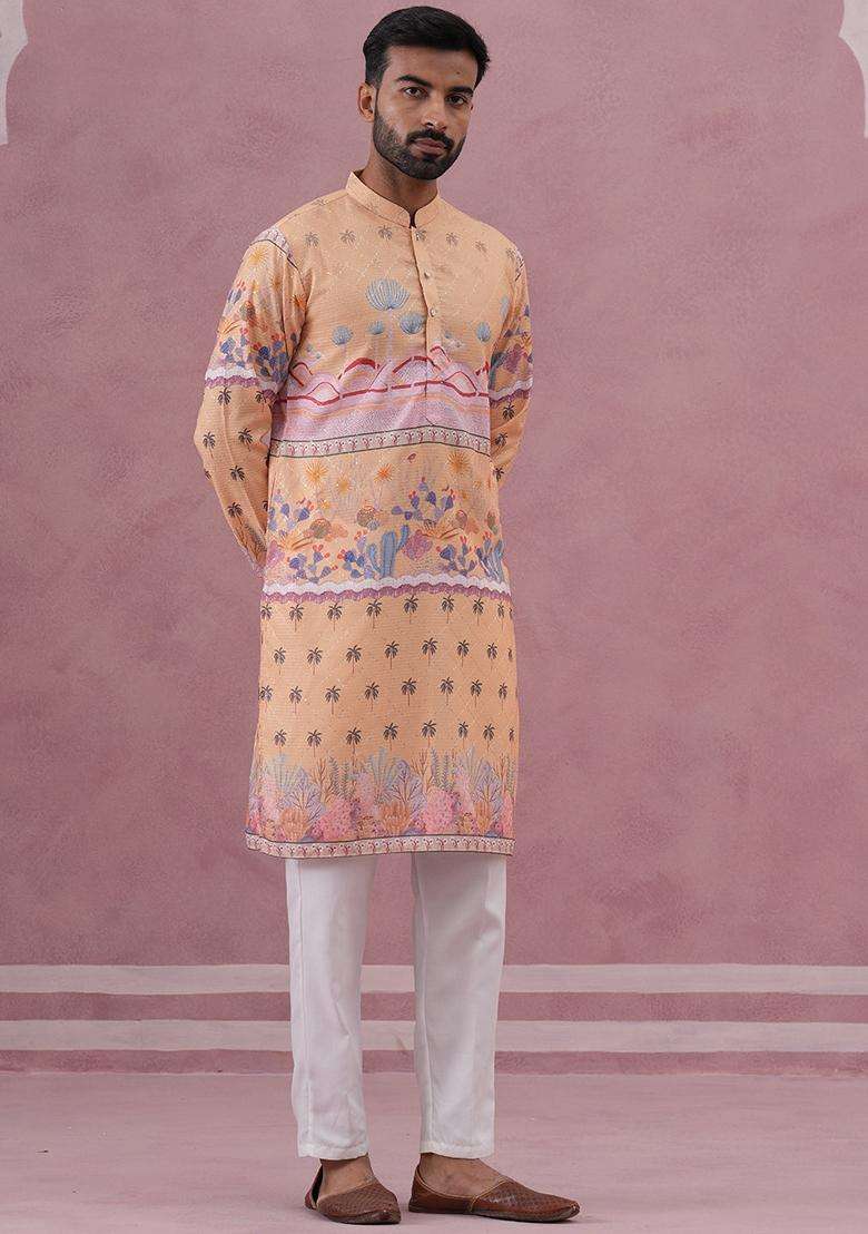 Yellow Printed Cotton Kurta Pyjama Set For Men - Indya