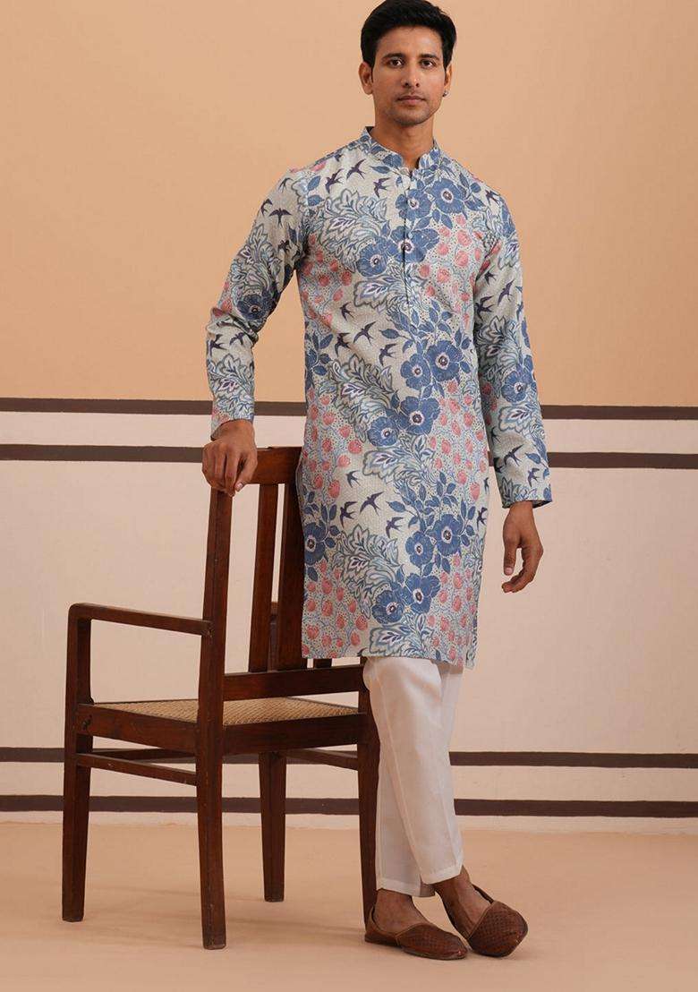 Blue Printed Cotton Kurta Pyjama Set For Men - Indya