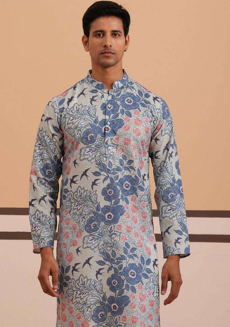 Blue Printed Cotton Kurta Pyjama Set For Men - Indya
