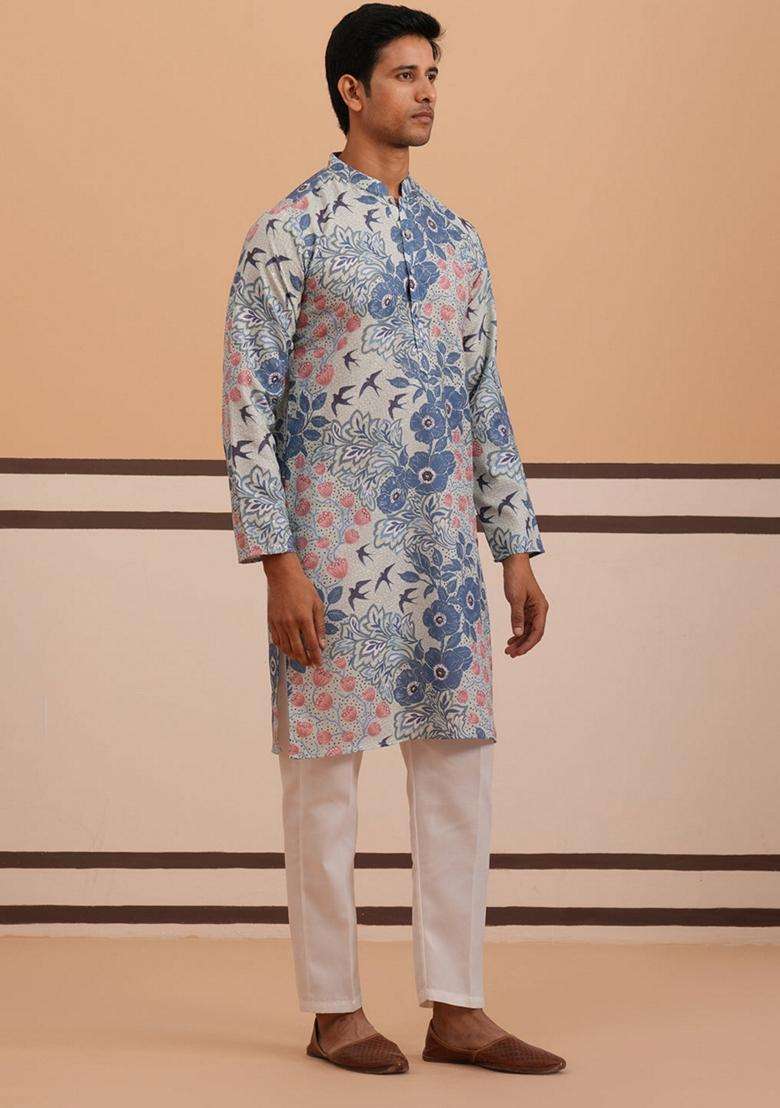 Blue Printed Cotton Kurta Pyjama Set For Men - Indya