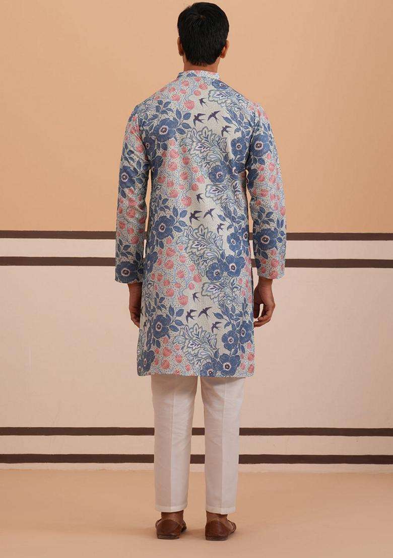 Blue Printed Cotton Kurta Pyjama Set For Men - Indya