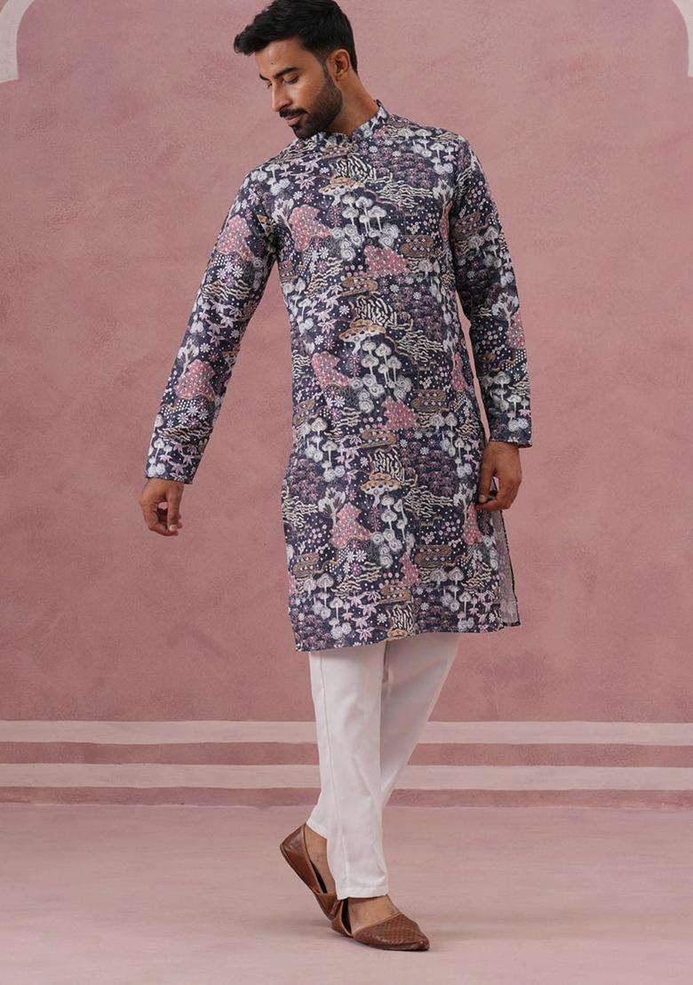 Grey Printed Cotton Kurta Pyjama Set For Men - Indya