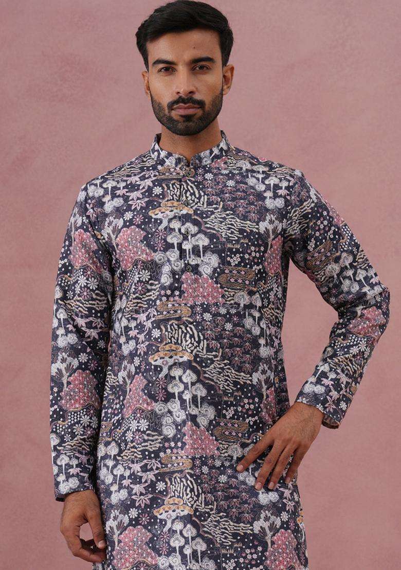 Grey Printed Cotton Kurta Pyjama Set For Men - Indya