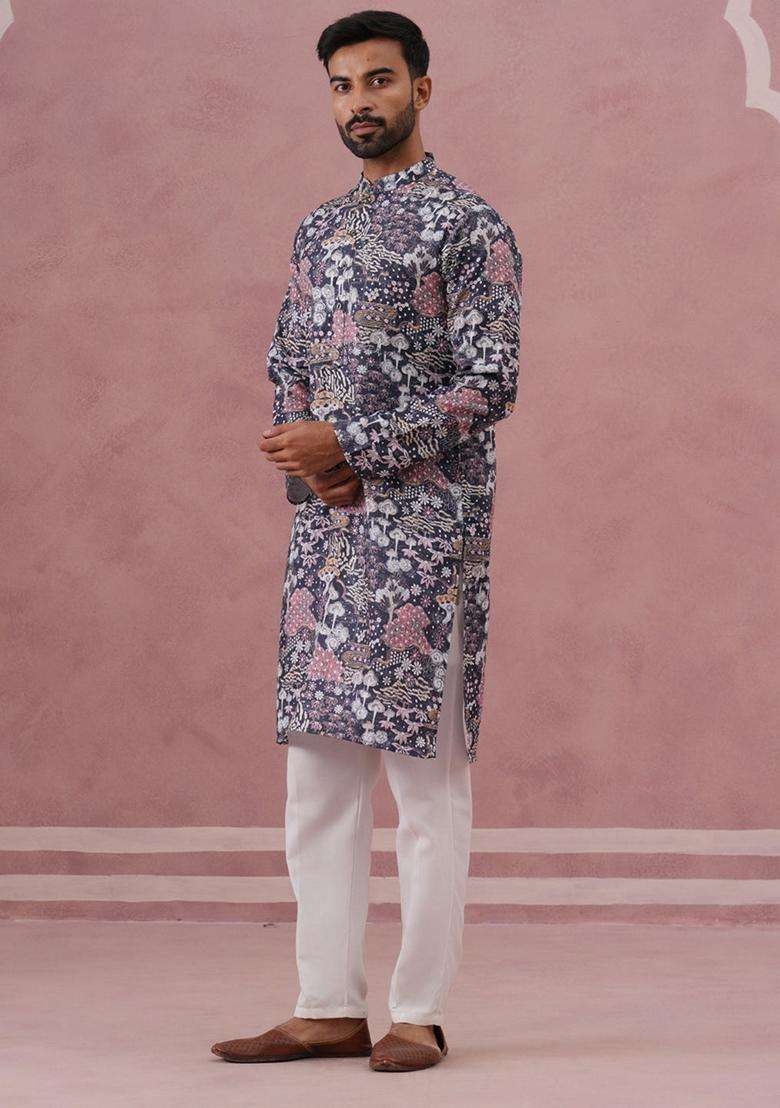 Grey Printed Cotton Kurta Pyjama Set For Men - Indya