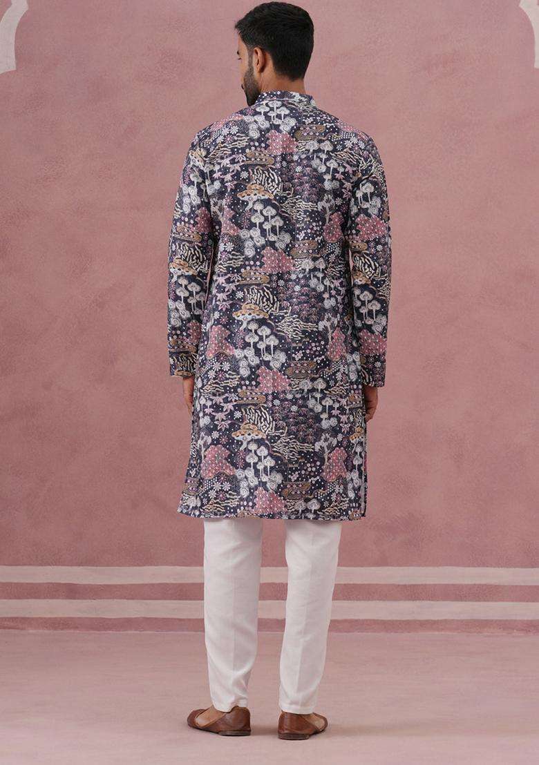 Grey Printed Cotton Kurta Pyjama Set For Men - Indya