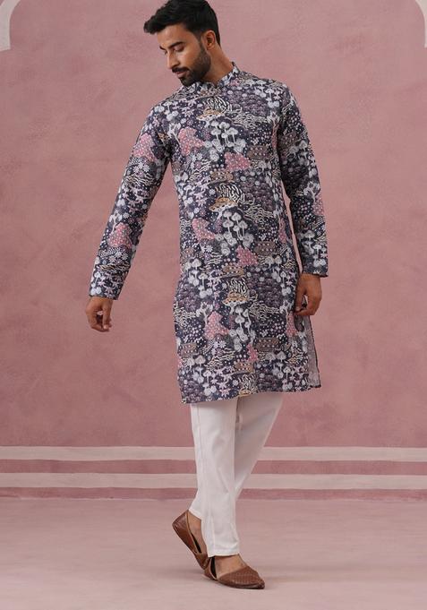 Grey Printed Cotton Kurta Pyjama Set For Men