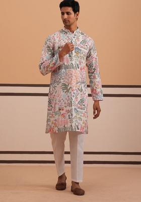 White Printed Cotton Kurta Pyjama Set For Men