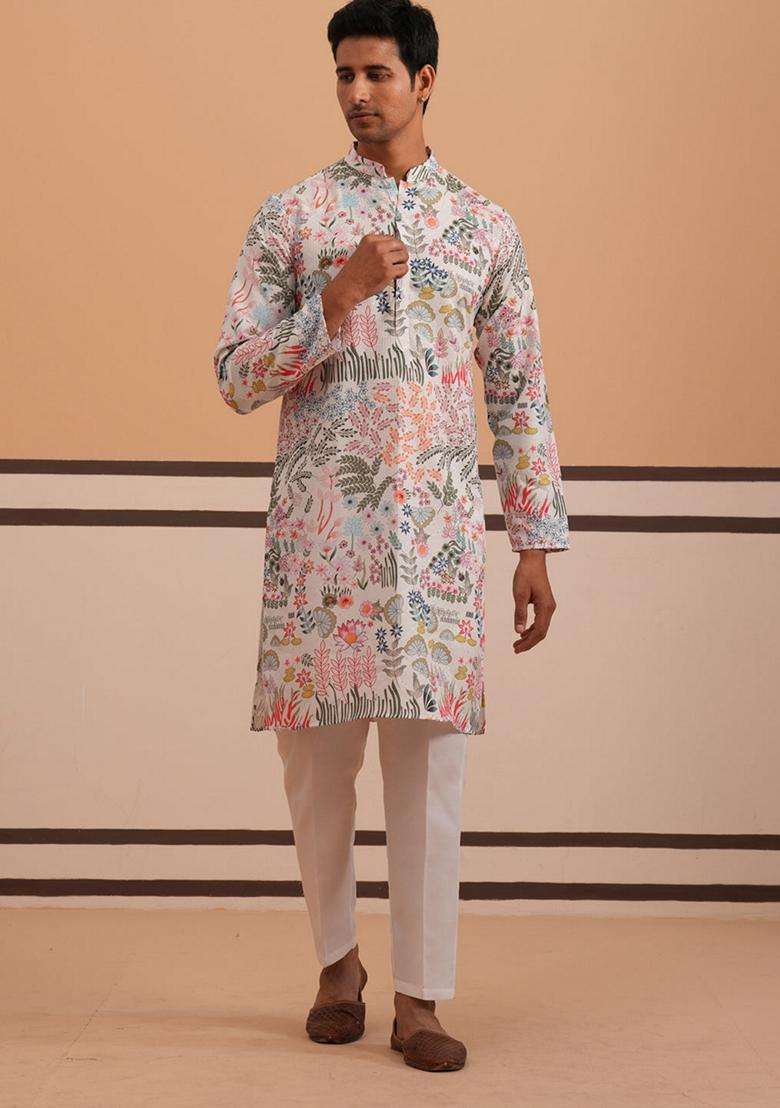 White Printed Cotton Kurta Pyjama Set For Men - Indya