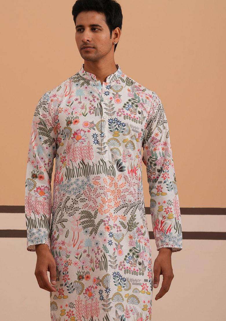 White Printed Cotton Kurta Pyjama Set For Men - Indya