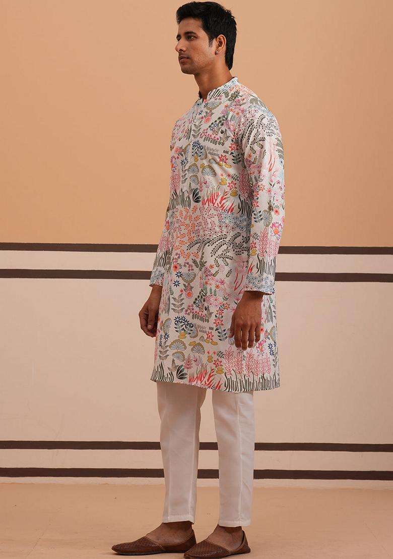 White Printed Cotton Kurta Pyjama Set For Men - Indya