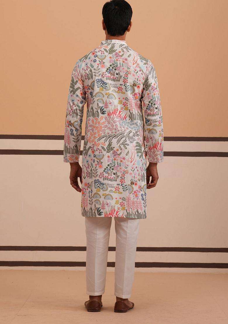 White Printed Cotton Kurta Pyjama Set For Men - Indya