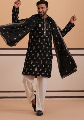 Black Embroidery Silk Kurta Pyjama Set For Men