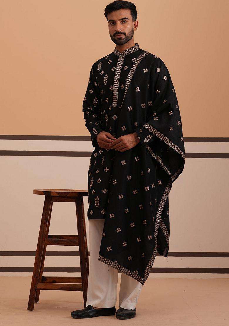Black Embroidery Silk Blend Kurta Pyjama Set For Men - Indya