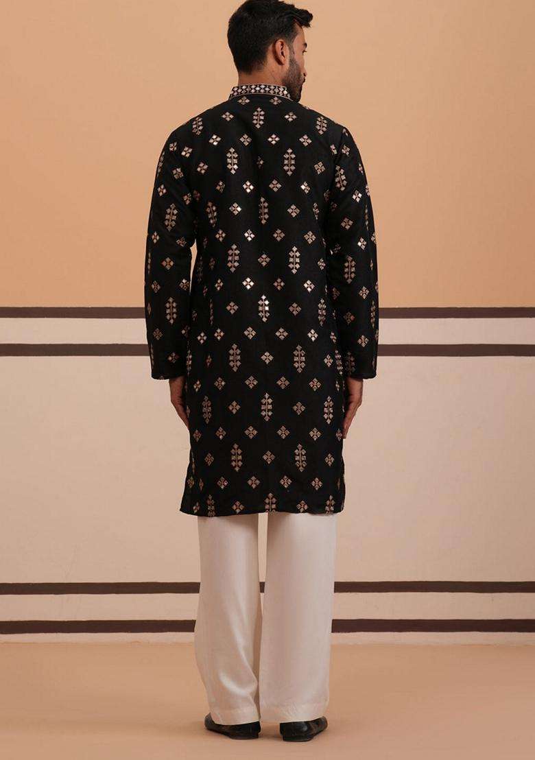 Black Embroidery Silk Blend Kurta Pyjama Set For Men - Indya