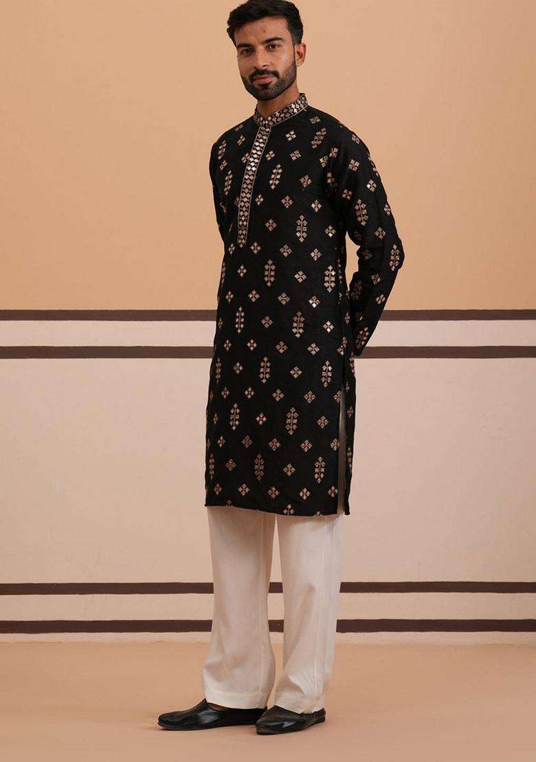 Black Embroidery Silk Blend Kurta Pyjama Set For Men - Indya