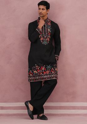 Black Embroidery Silk Kurta Pyjama Set For Men