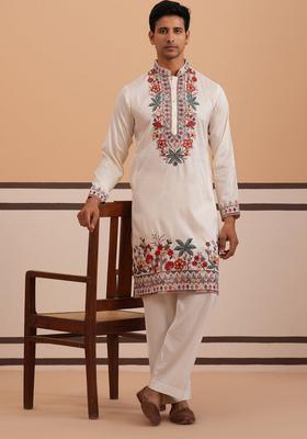 White Embroidery Silk Kurta Pyjama Set For Men