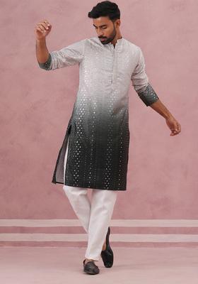 Grey Embroidery Silk Kurta Pyjama Set For Men