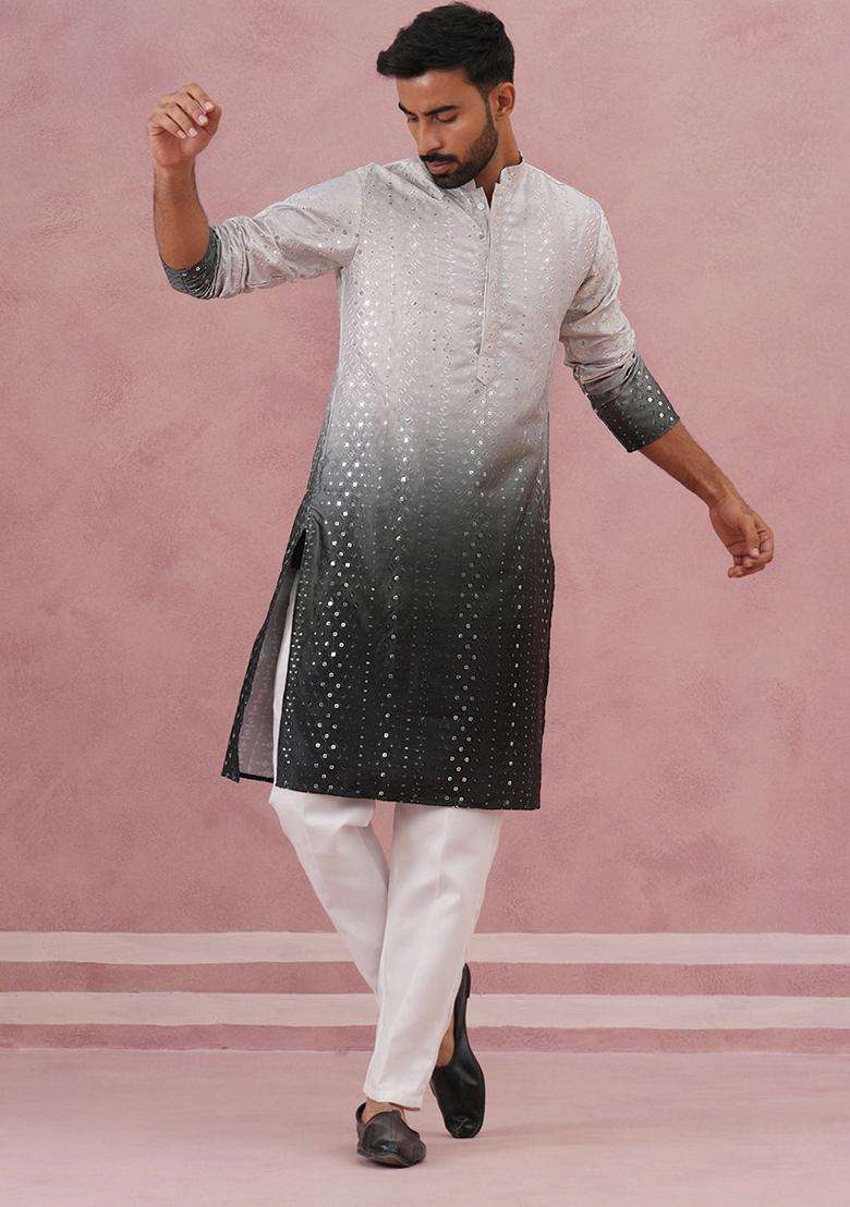 Grey Embroidery Silk Blend Kurta Pyjama Set For Men - Indya