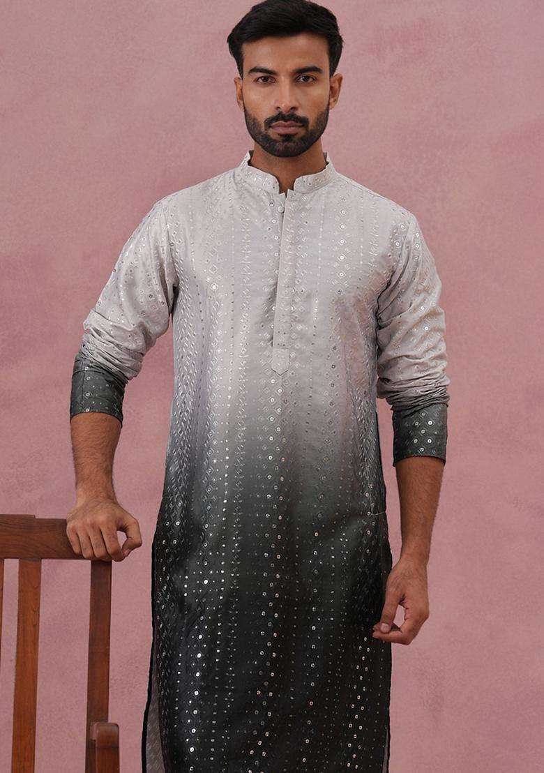 Grey Embroidery Silk Blend Kurta Pyjama Set For Men - Indya