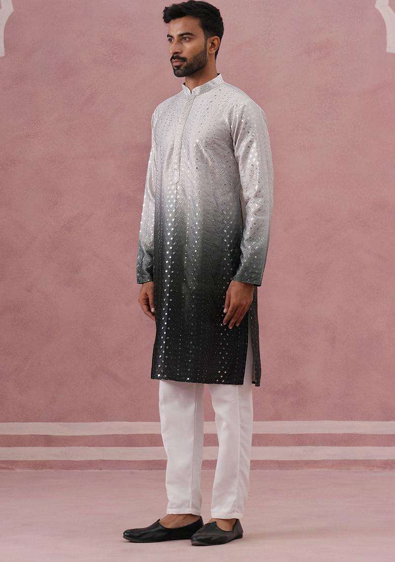 Grey Embroidery Silk Blend Kurta Pyjama Set For Men - Indya