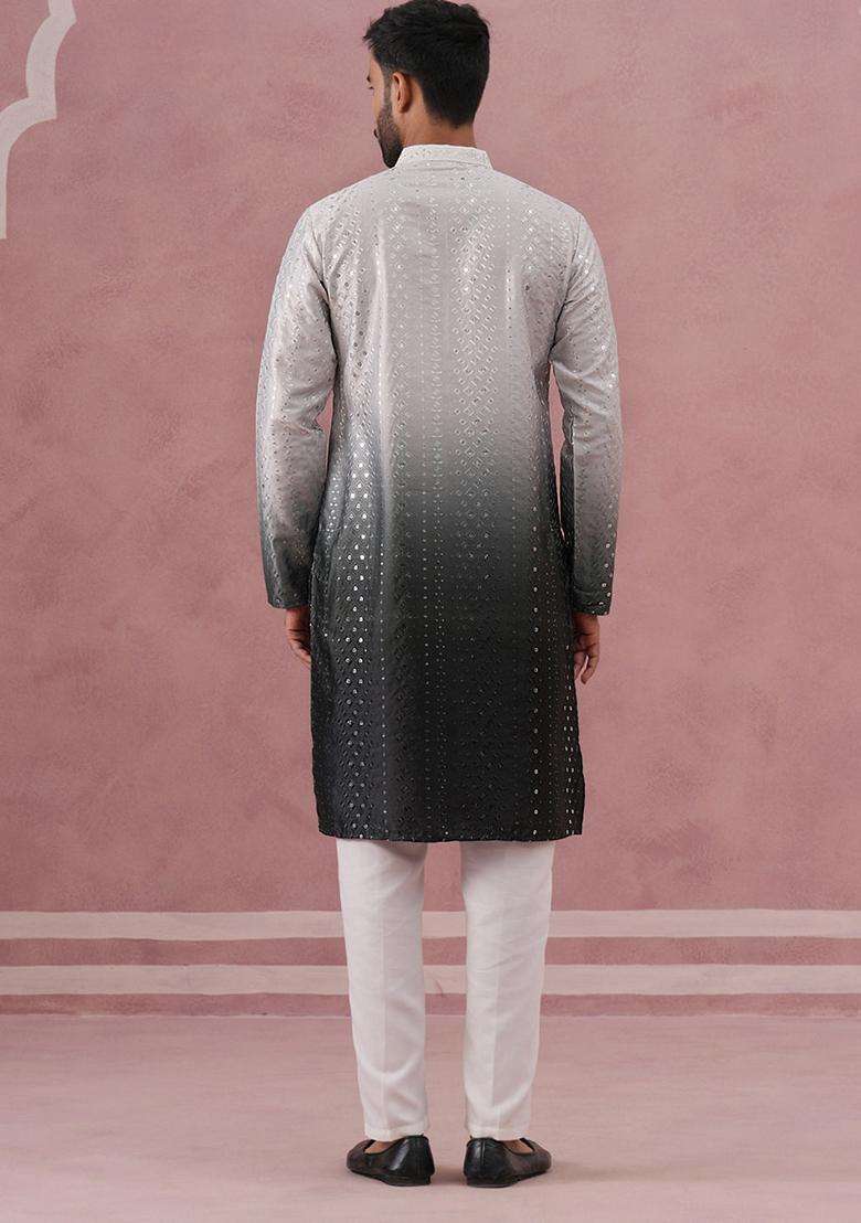 Grey Embroidery Silk Blend Kurta Pyjama Set For Men - Indya