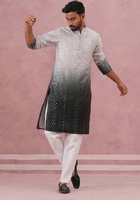 Grey Embroidery Silk Kurta Pyjama Set For Men